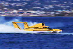 Yellow Hydroplane boat racing on River
